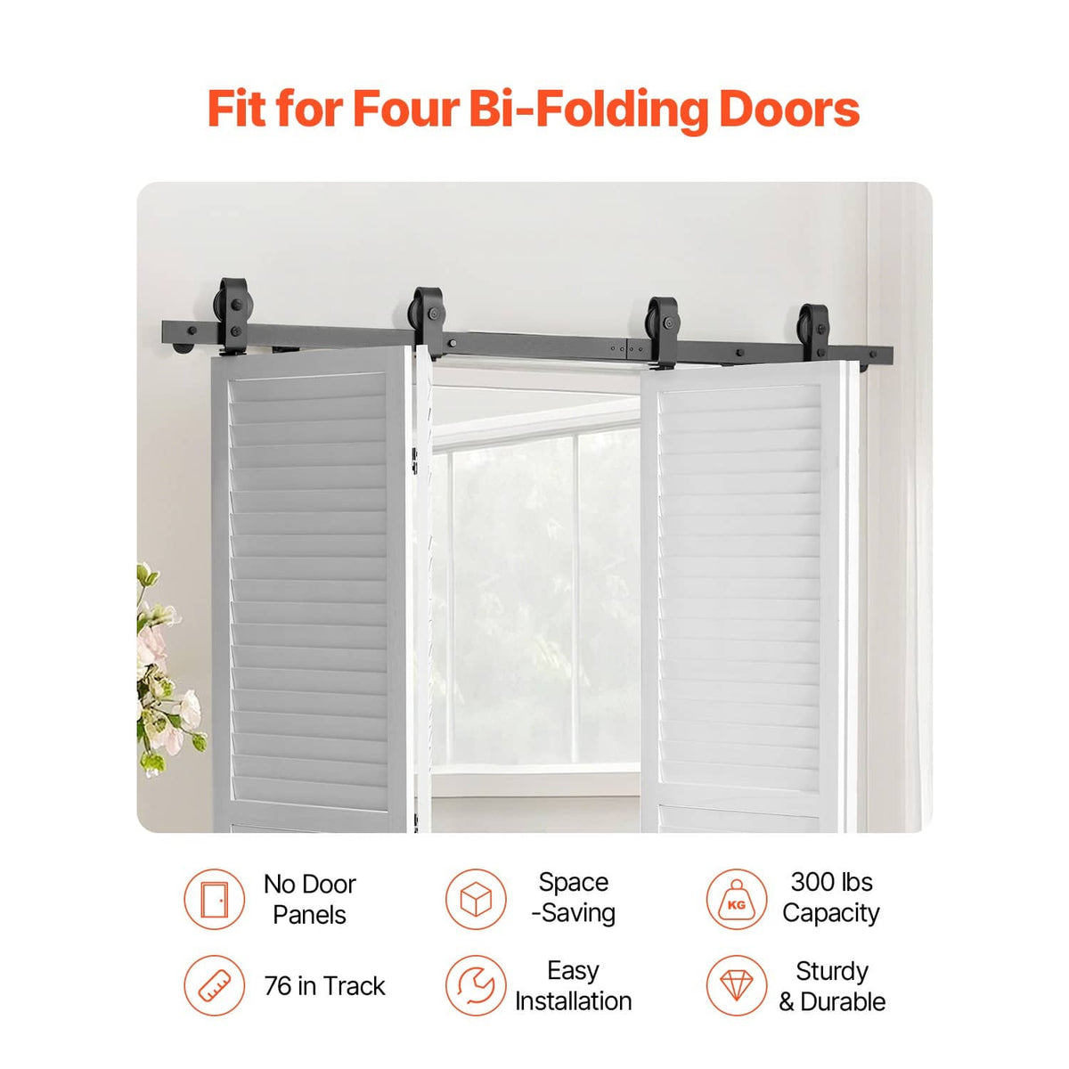 Bi-fold sliding barn door track kit mounted above four white shutter doors with rollers