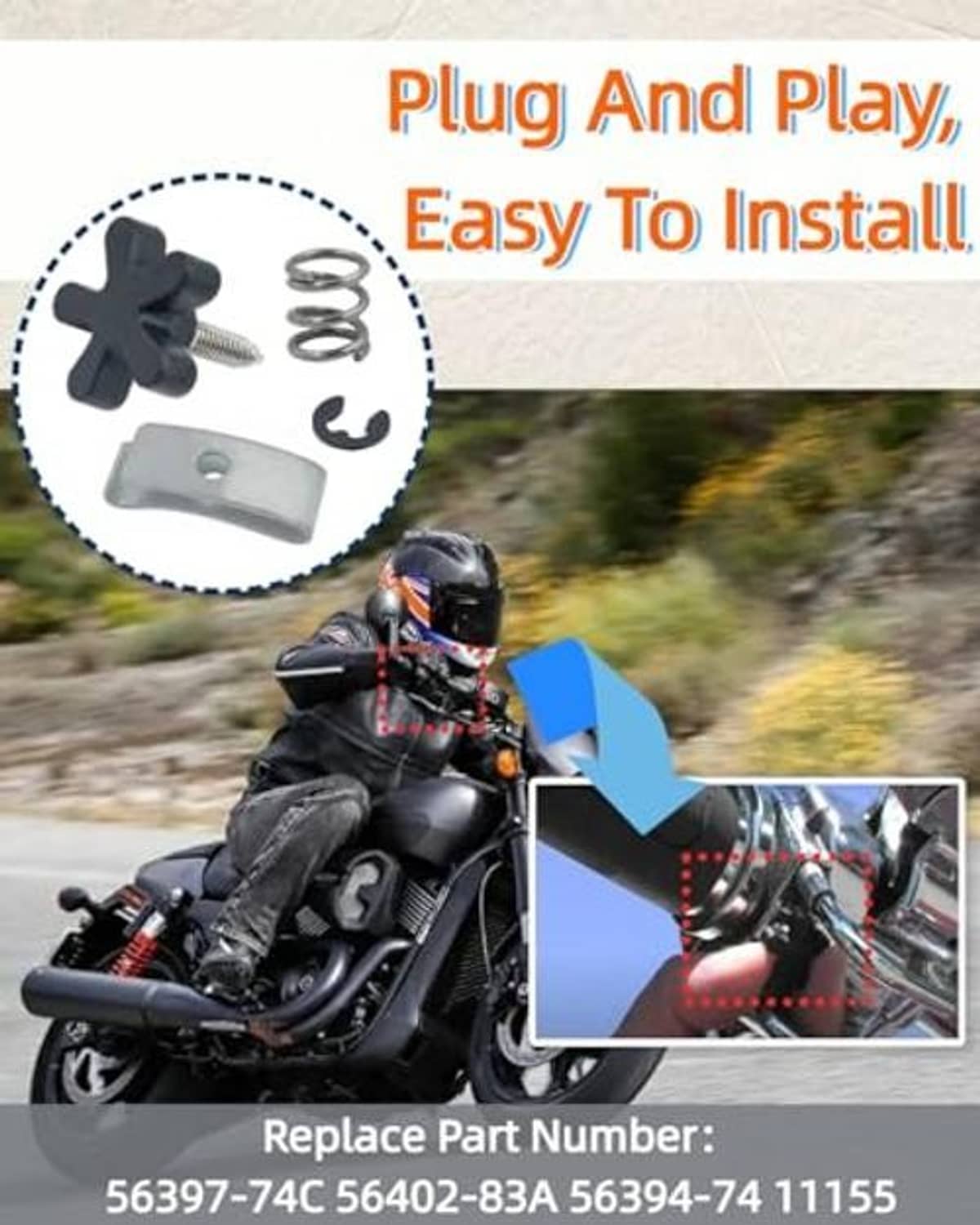 Throttle tension kit with thumb screw, coiled spring, gray bracket, and clip
