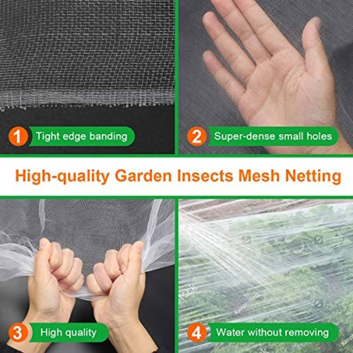 Garden insect mesh netting with tight weave and reinforced edge, shown by hand