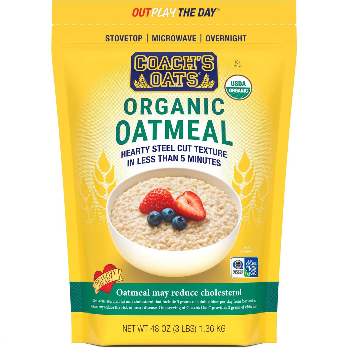 Organic whole oatmeal pouch with berry bowl graphic and cooking time claim