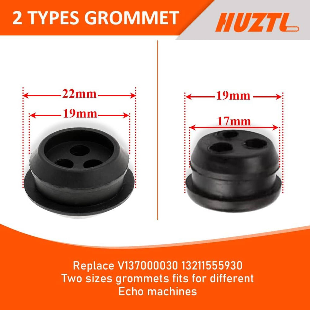Two black rubber grommets, different sizes, small-engine replacement parts