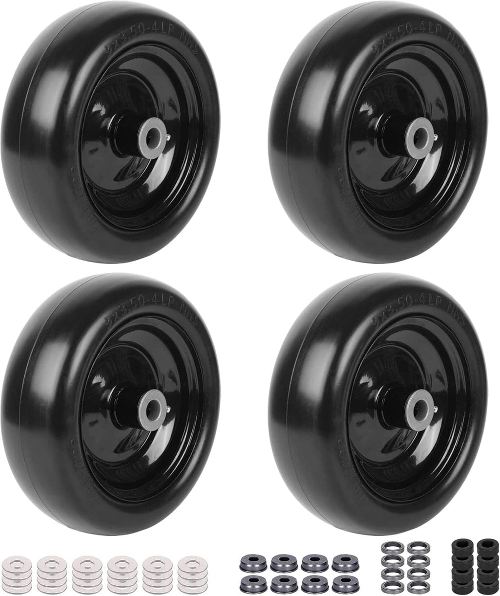 4-pack black flat-free lawnmower tires with centered hubs and included hardware