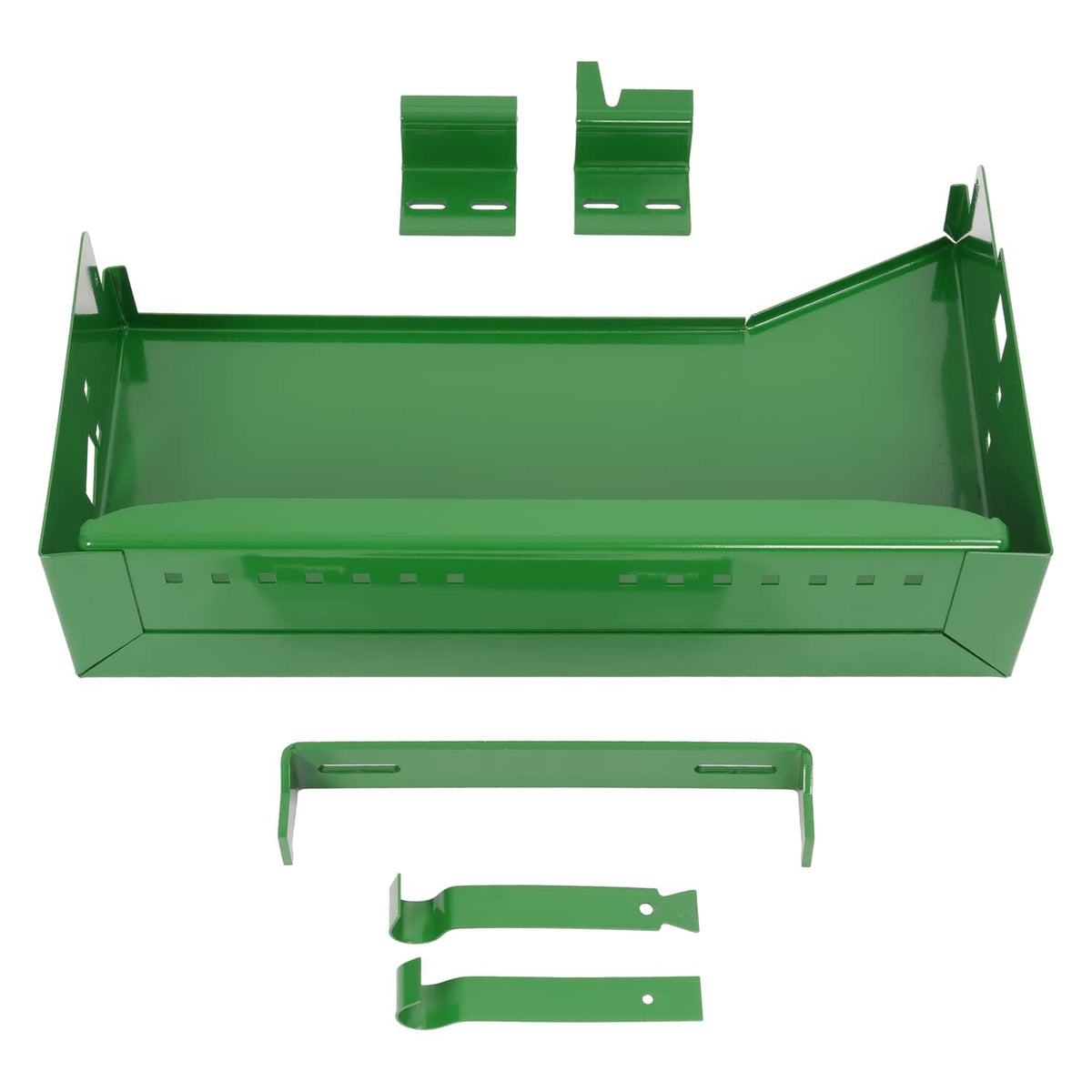 Green tractor battery box with mounting brackets shown above and below