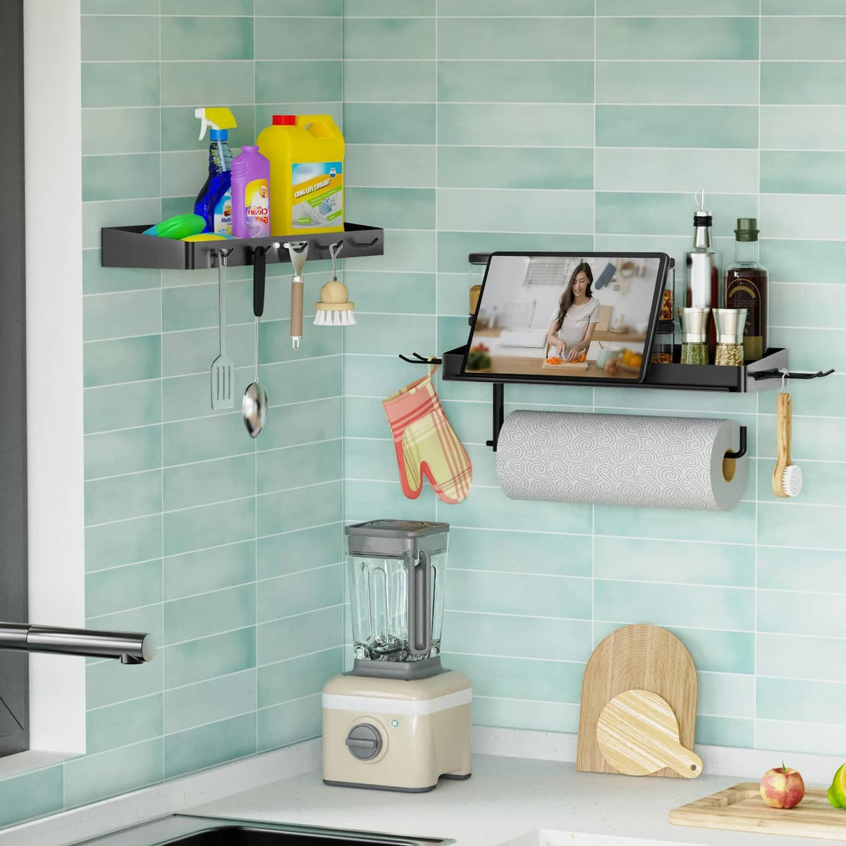 ZUNTO black wall organizer shelf set with hooks, towel holder, and soap dispenser