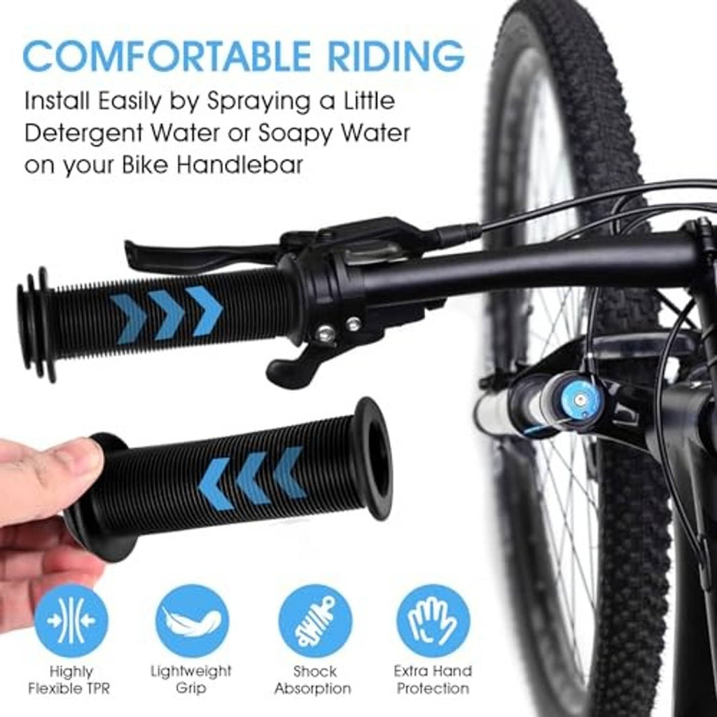 Black non-slip bicycle handlebar grips with textured ridges and end plugs