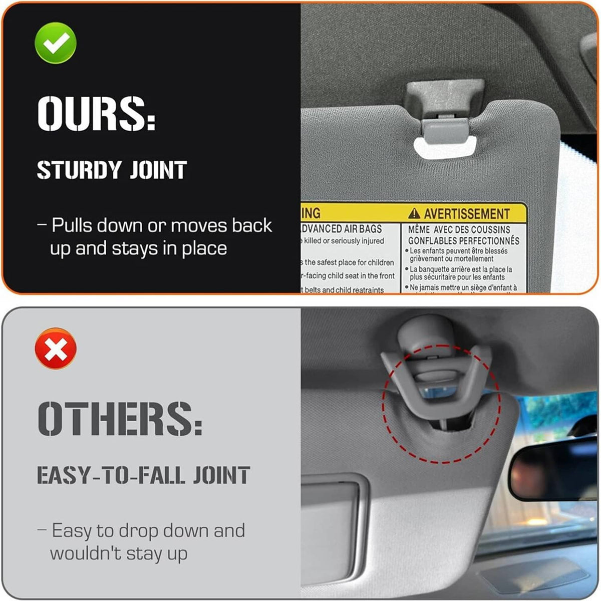 Gray sun visor with hinged joint and mounting clip, close-up