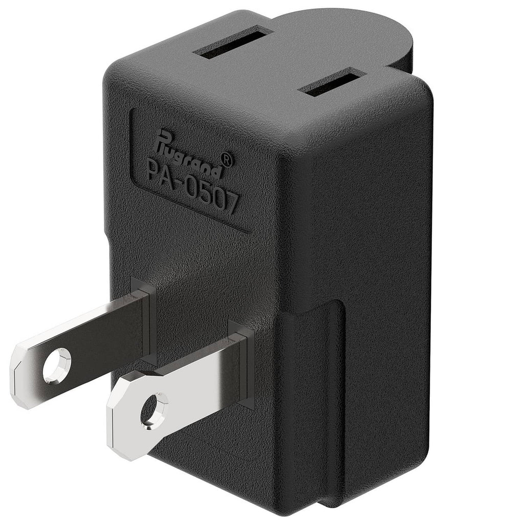 Black 2-prong right-angle AC adapter with upward flat prongs