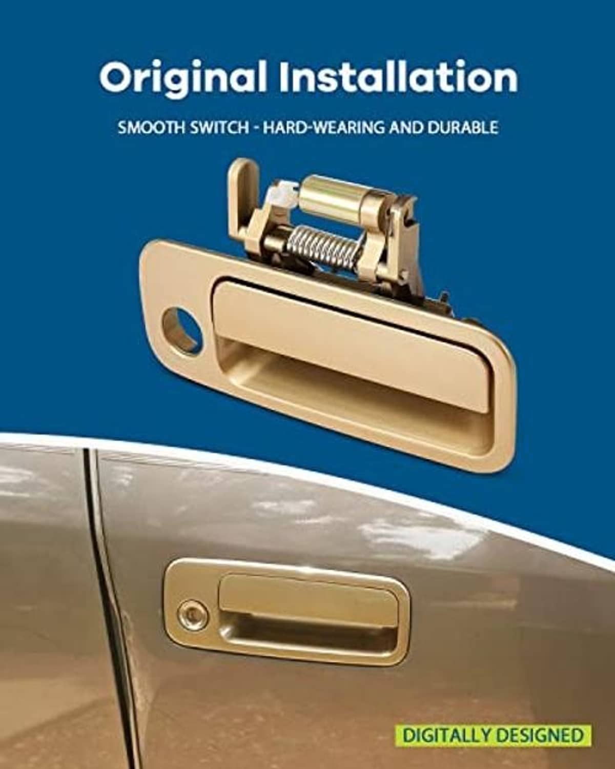 Tan exterior door handle with latch and spring hardware, front passenger side