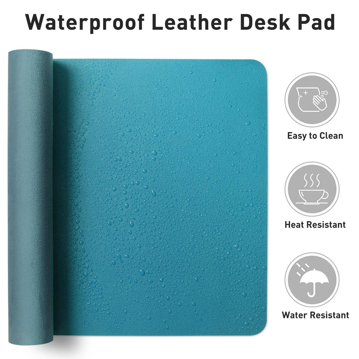 Turquoise waterproof leather desk pad with speckled texture and roll edge