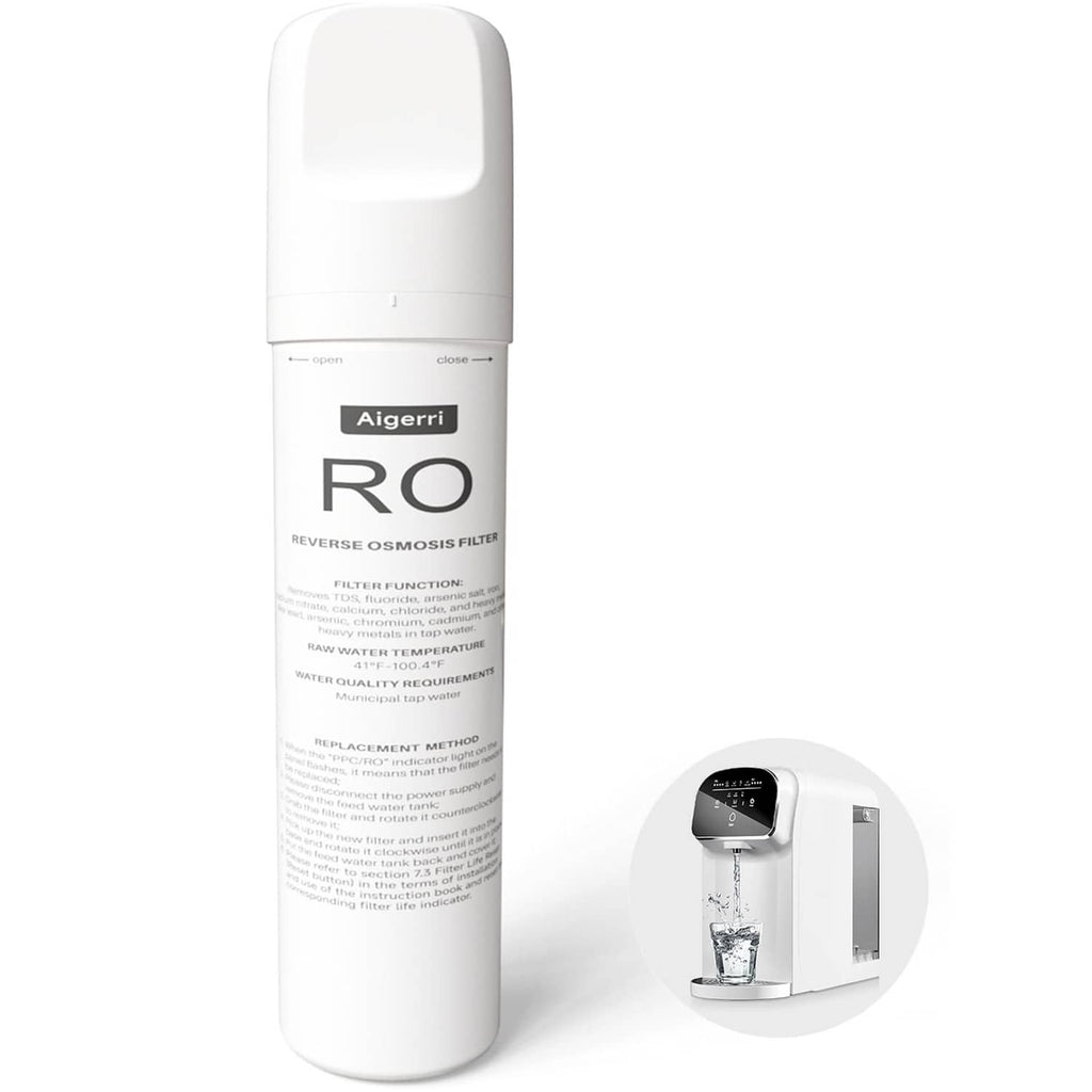 White Aigerri RO reverse osmosis filter replacement cartridge, upright with label