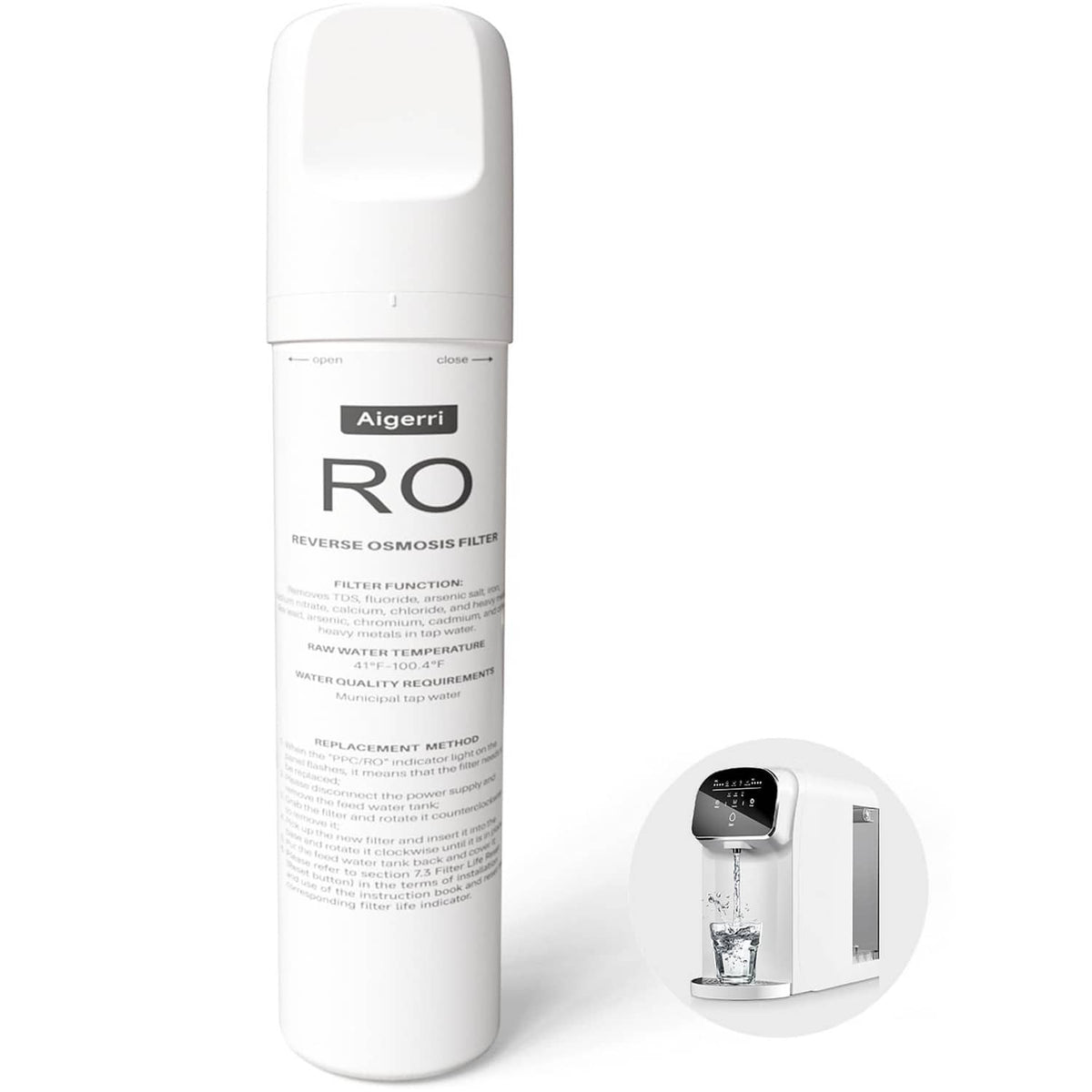 White Aigerri RO reverse osmosis filter replacement cartridge, upright with label