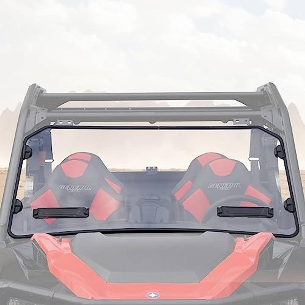 Front windshield with clear panel and black frame mounted on off-road vehicle