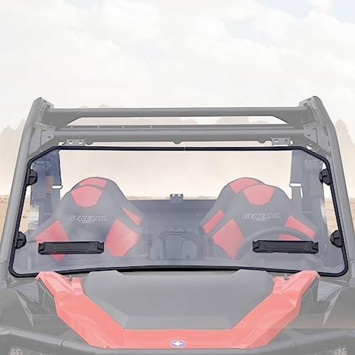 Front windshield with clear panel and black frame mounted on off-road vehicle