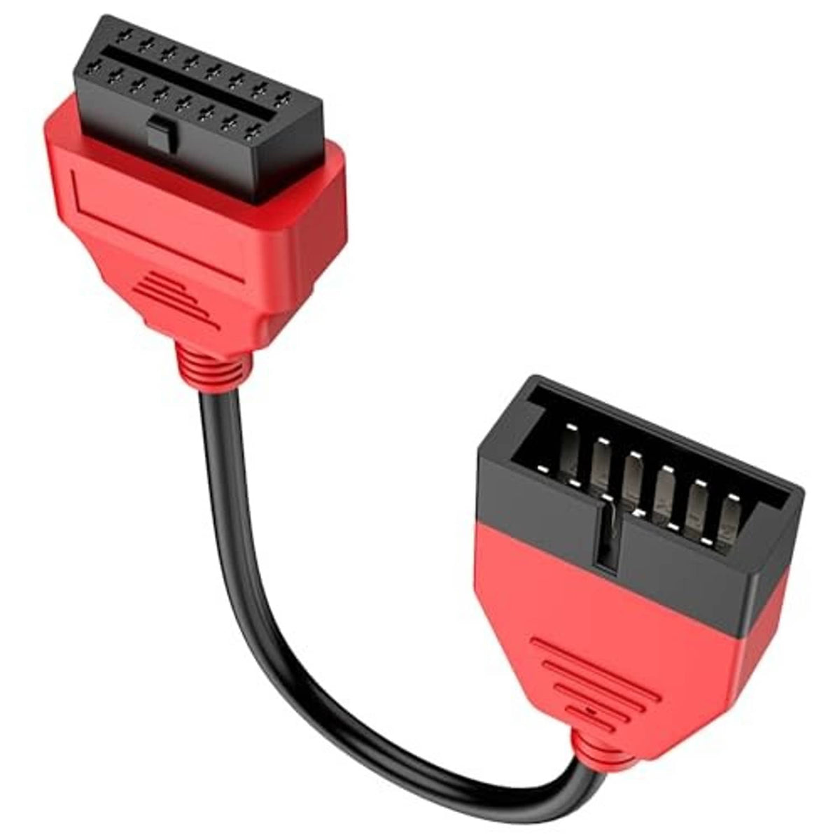 Red OBD2 to OBD1 adapter cable with two black multi-pin connectors and cable lead