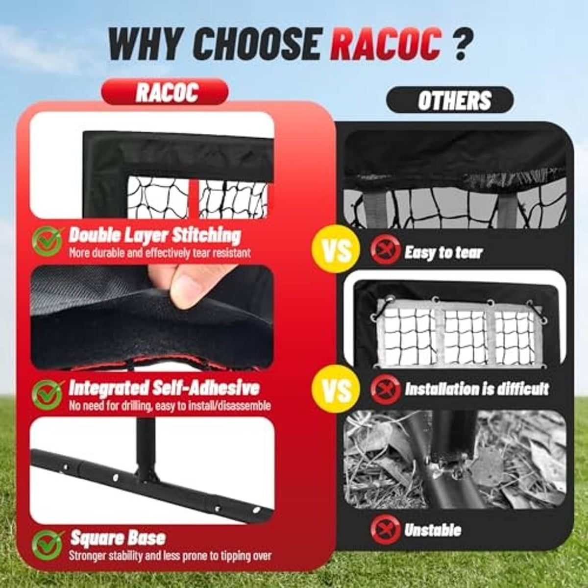 Pitching net target feature diagram with red strike-zone grid and double-layer stitching