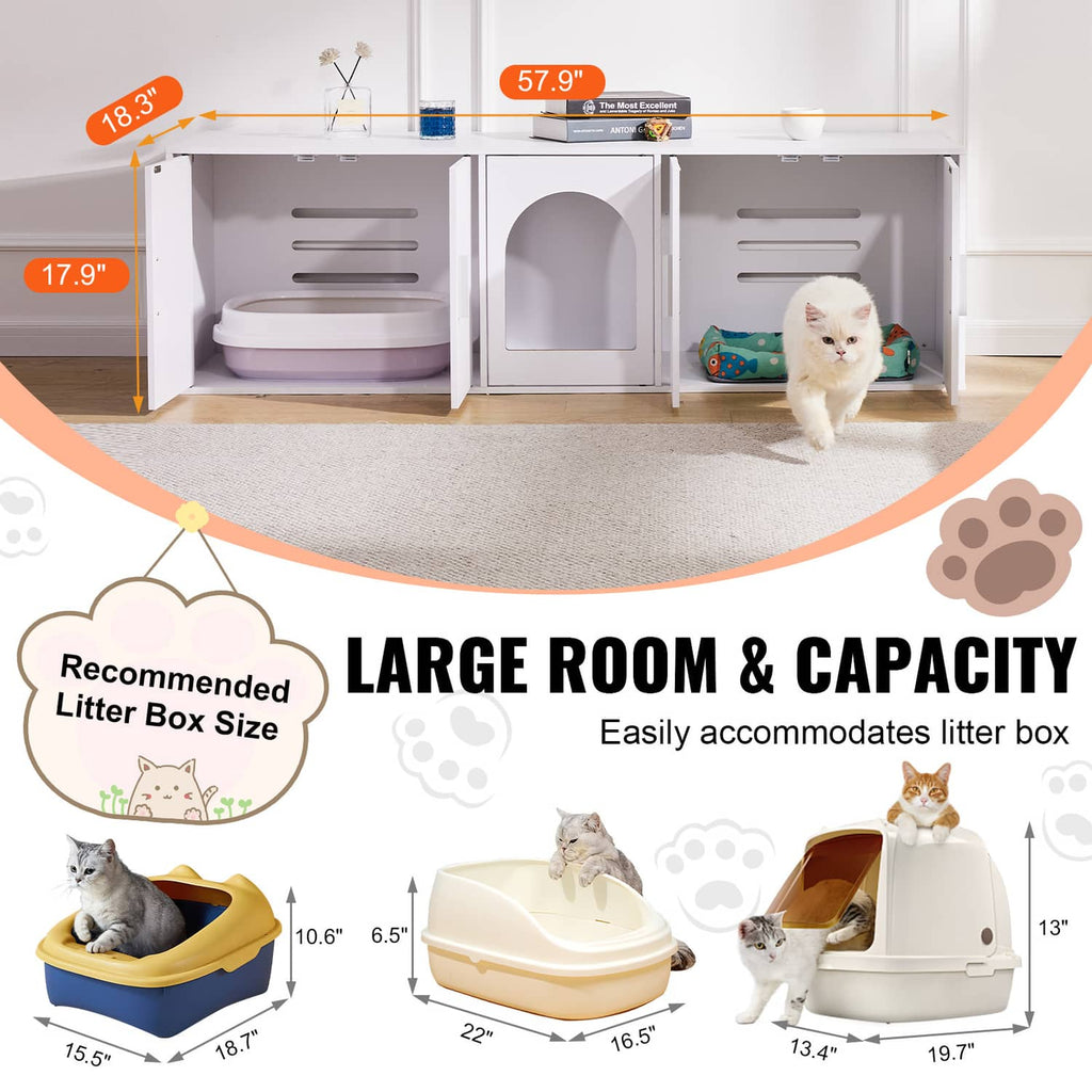 Open view of white cat litter box enclosure with arched doorway and two side ventilation grilles