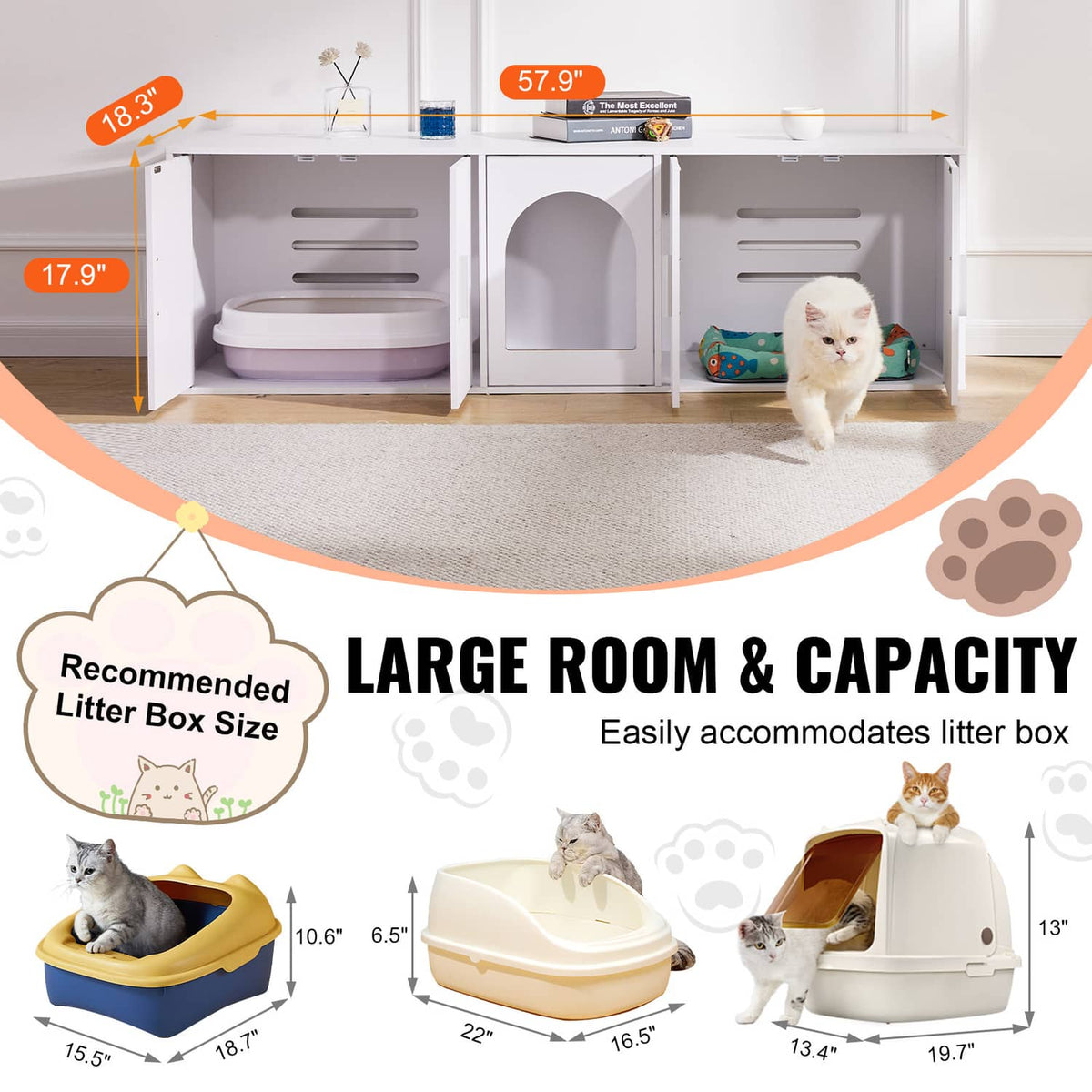 Open view of white cat litter box enclosure with arched doorway and two side ventilation grilles