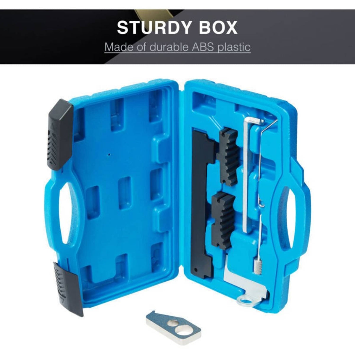 Open sturdy ABS plastic storage case showing timing tool components