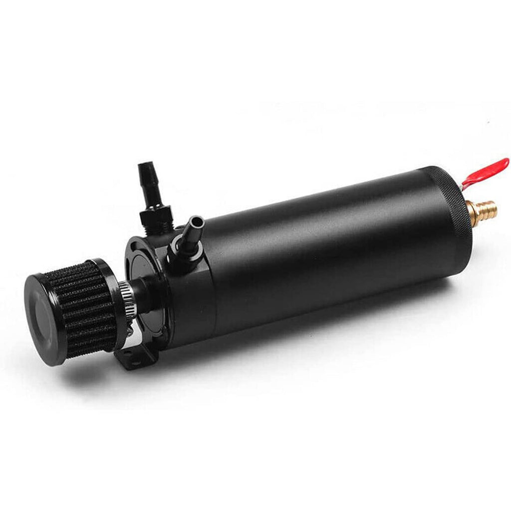 Oil catch can kit: black reservoir tank with filter and inlet fittings