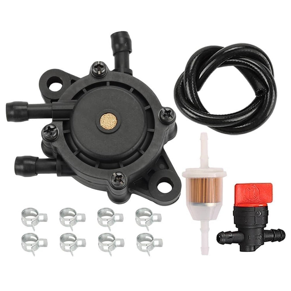 Black fuel pump replacement with hoses, fittings, and clear fuel filter assembly kit
