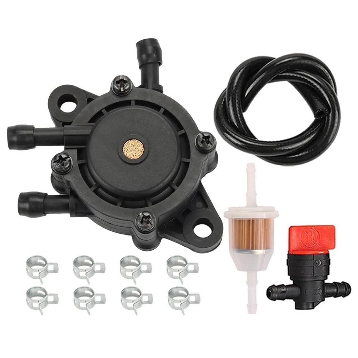 Black fuel pump replacement with hoses, fittings, and clear fuel filter assembly kit