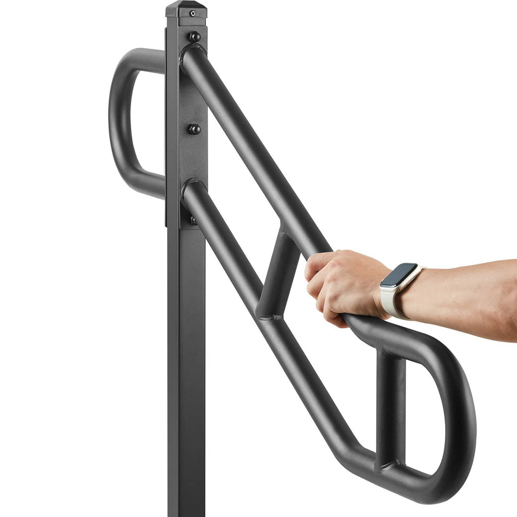 Dark gray single post handrail with curved U-shaped grip for steps