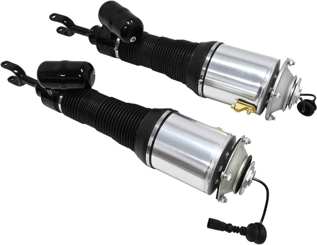 Front air suspension strut shocks pair, silver cylinders with black bellows and mounting brackets