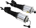 Front air suspension strut shocks pair, silver cylinders with black bellows and mounting brackets