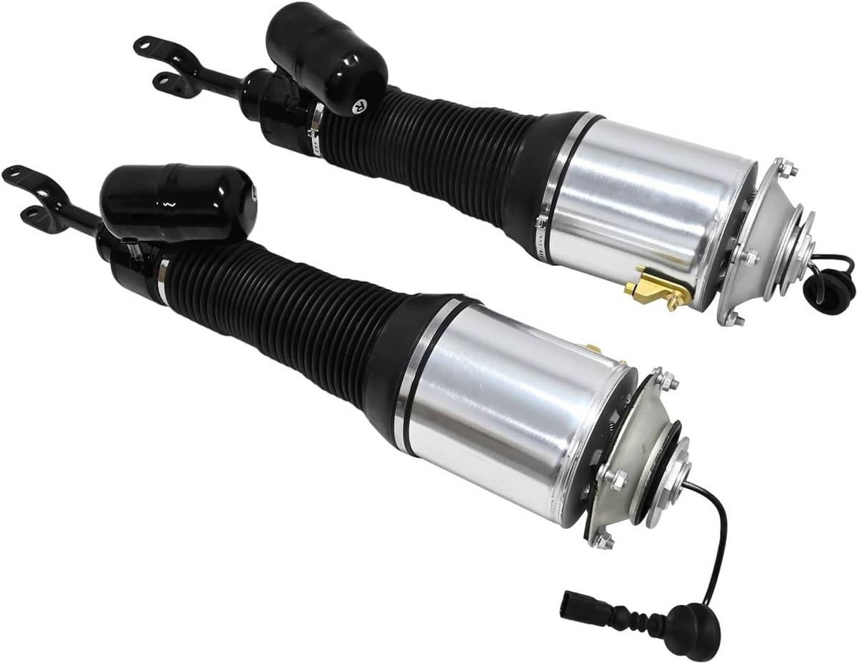 Front air suspension strut shocks pair, silver cylinders with black bellows and mounting brackets