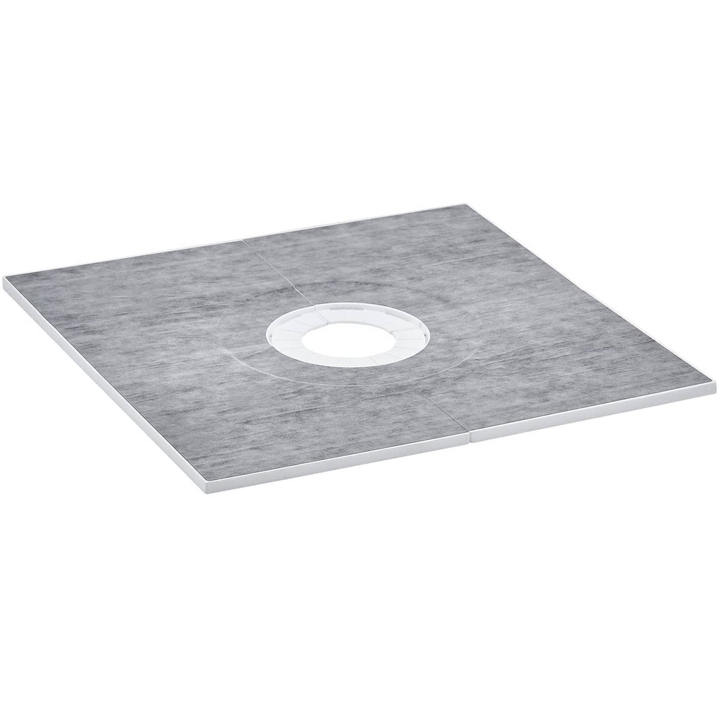 Gray angled view of square shower curb tray with central drain opening