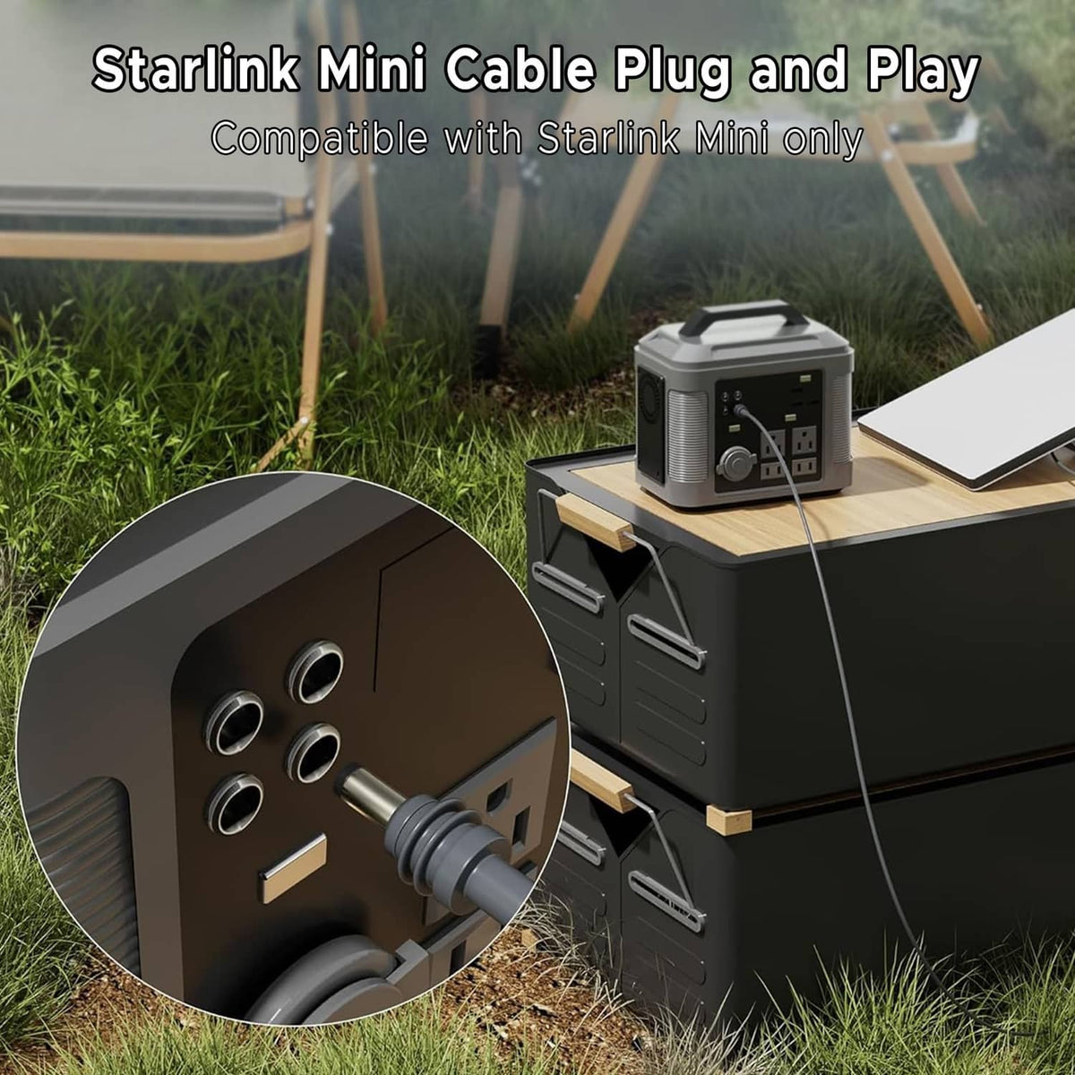 Grey USB-C to DC power cable plugged into a compact power box on a table