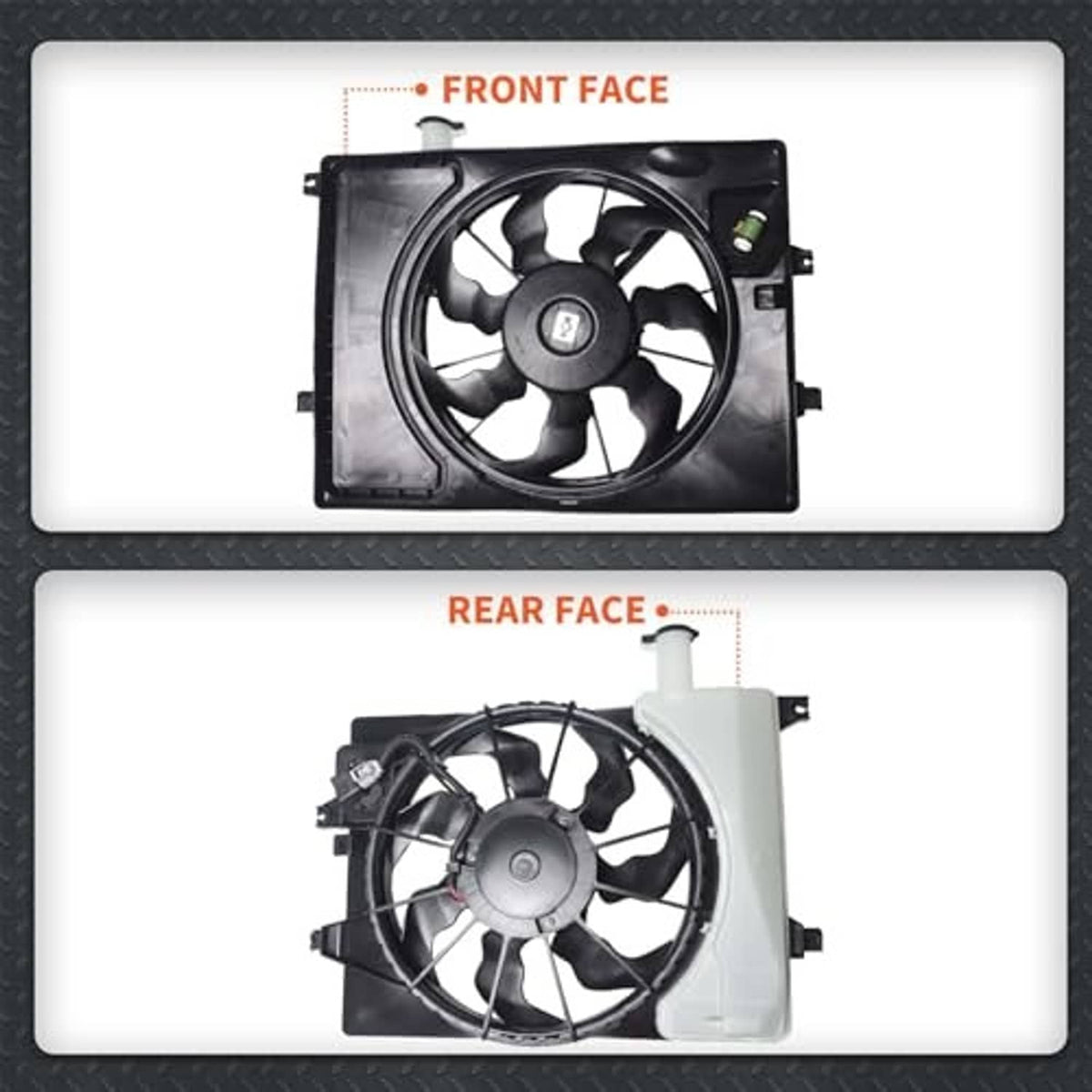 Radiator cooling fan front and rear face views with black fan blades