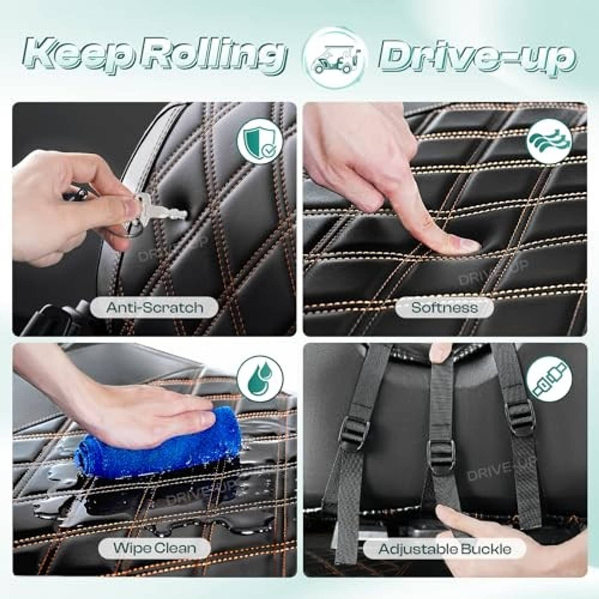 Diamond-stitch front seat cover cushion shown with cleaning and scratch-resistant protection