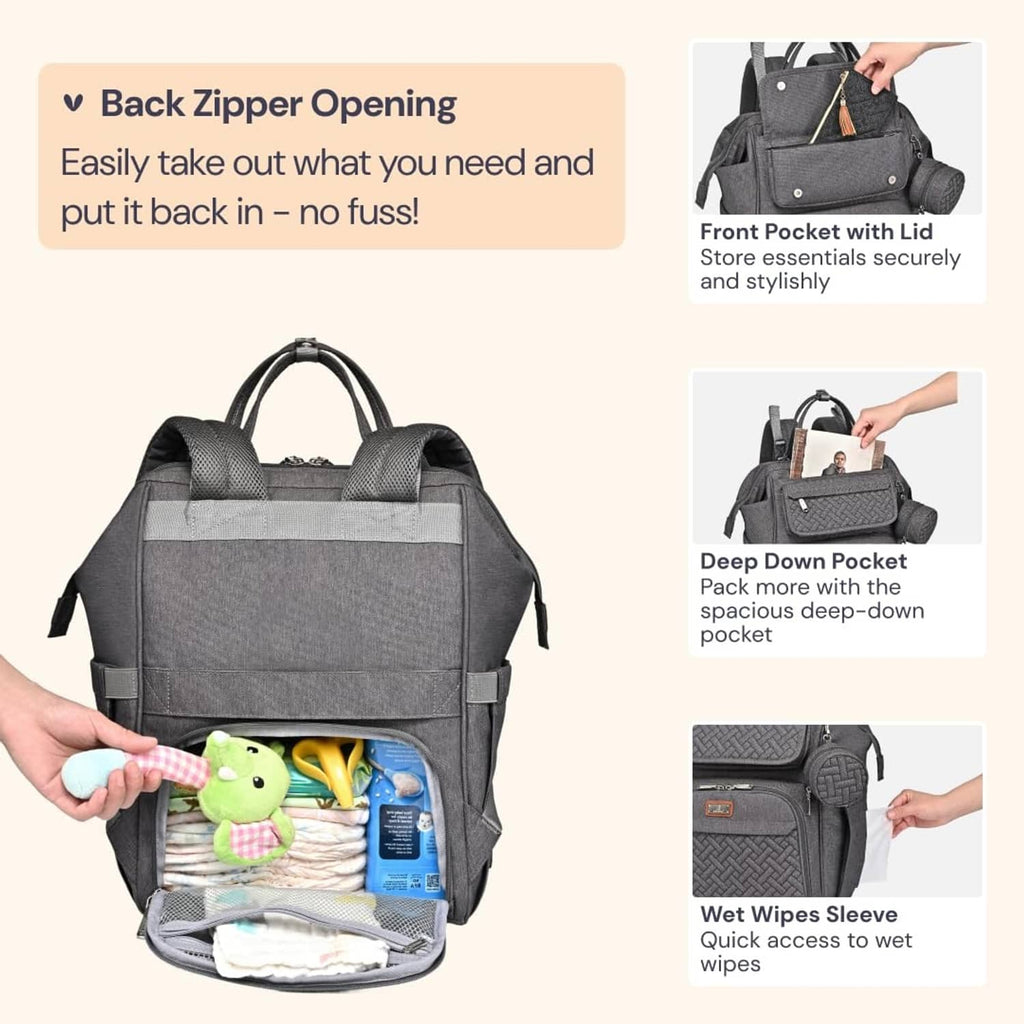 Dark gray diaper bag backpack with back zipper opening and front pocket with lid