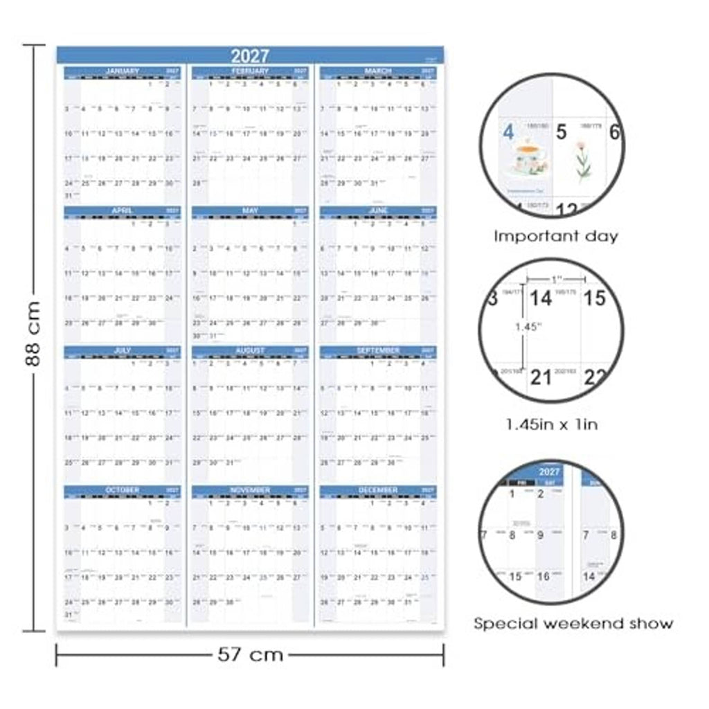2027 wall calendar layout with size measurements and callout icons for details.