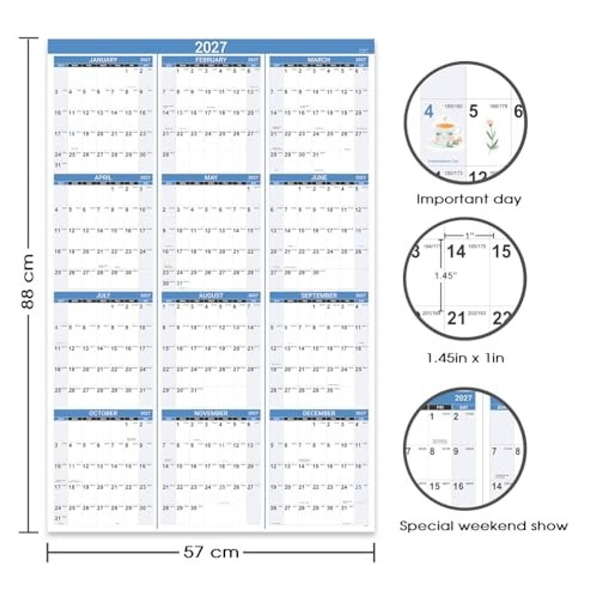 2027 wall calendar layout with size measurements and callout icons for details.