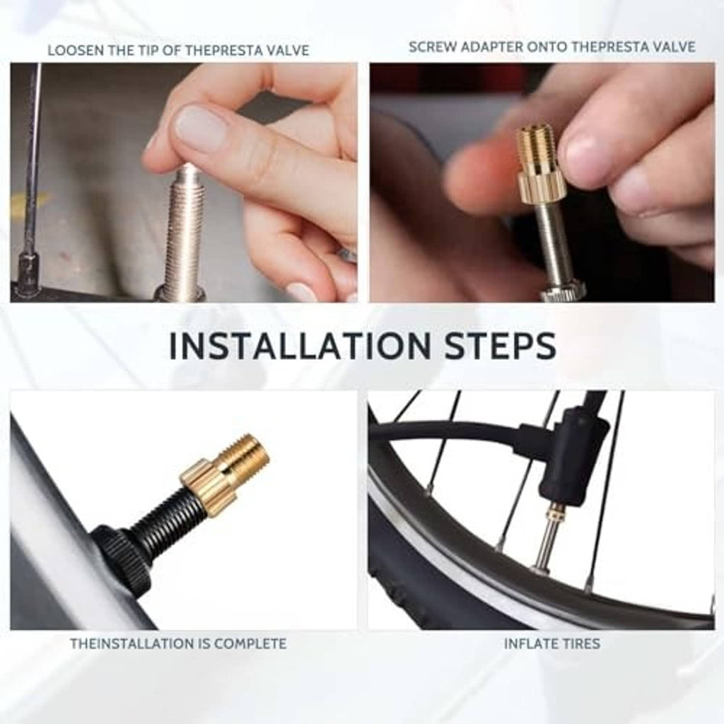 Brass Presta-to-Schrader valve adapter installation steps with threaded adapter pieces