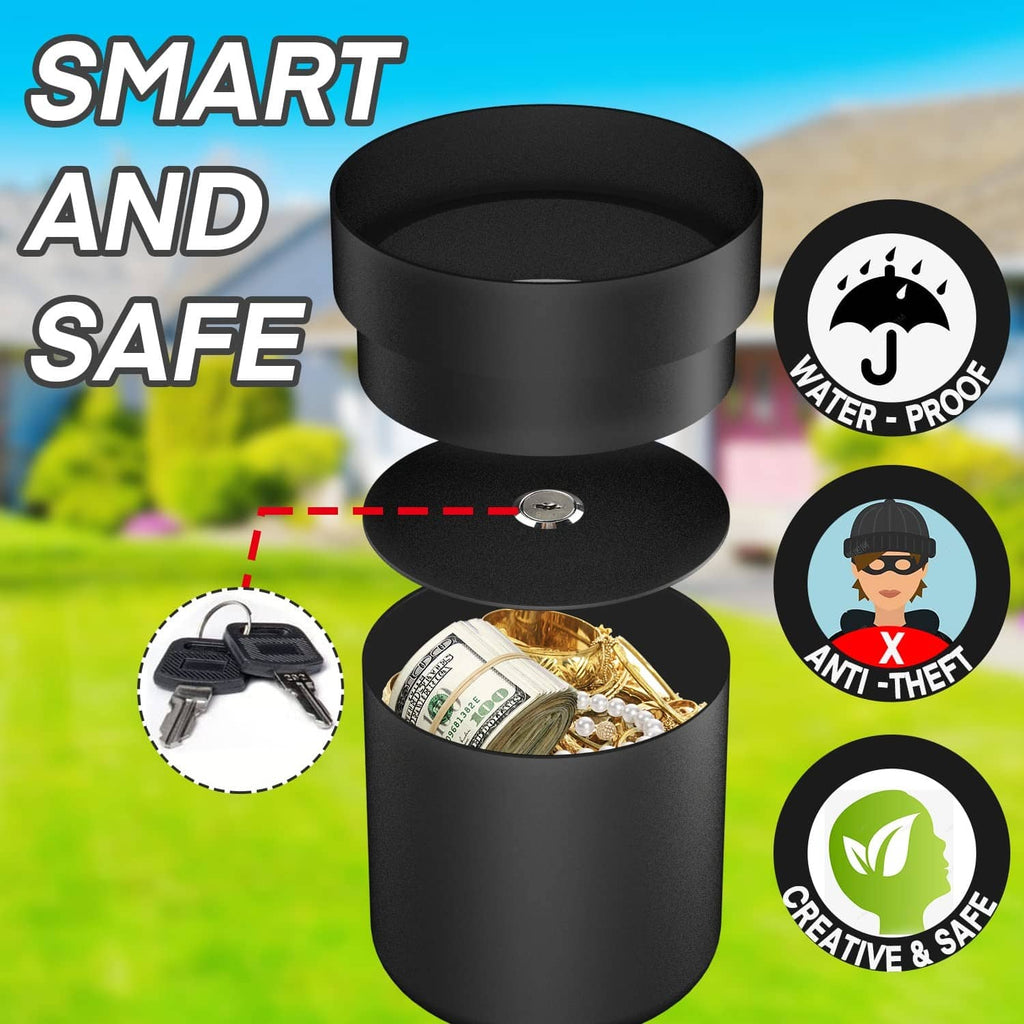 Black cylindrical planter safe with top lid, showing a key lock on the front.