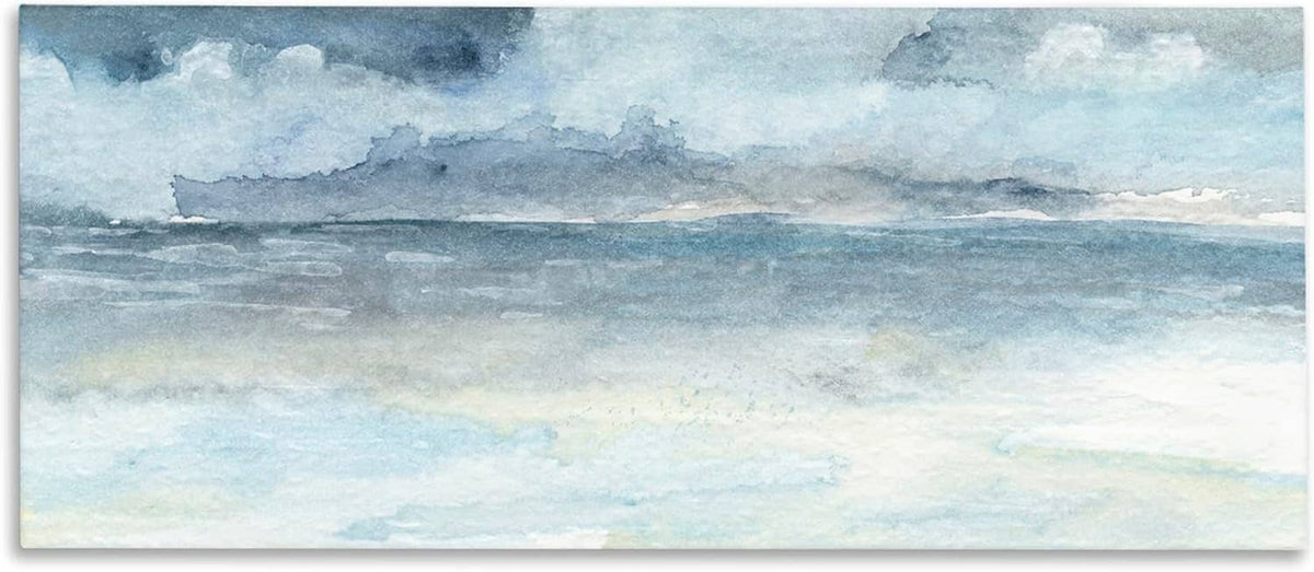 Blue-gray cloudy ocean waves canvas wall art with layered sky and horizon
