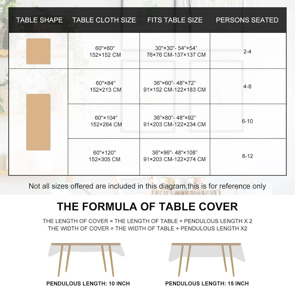 Tablecloth size chart diagram with measurements and pendulous length examples