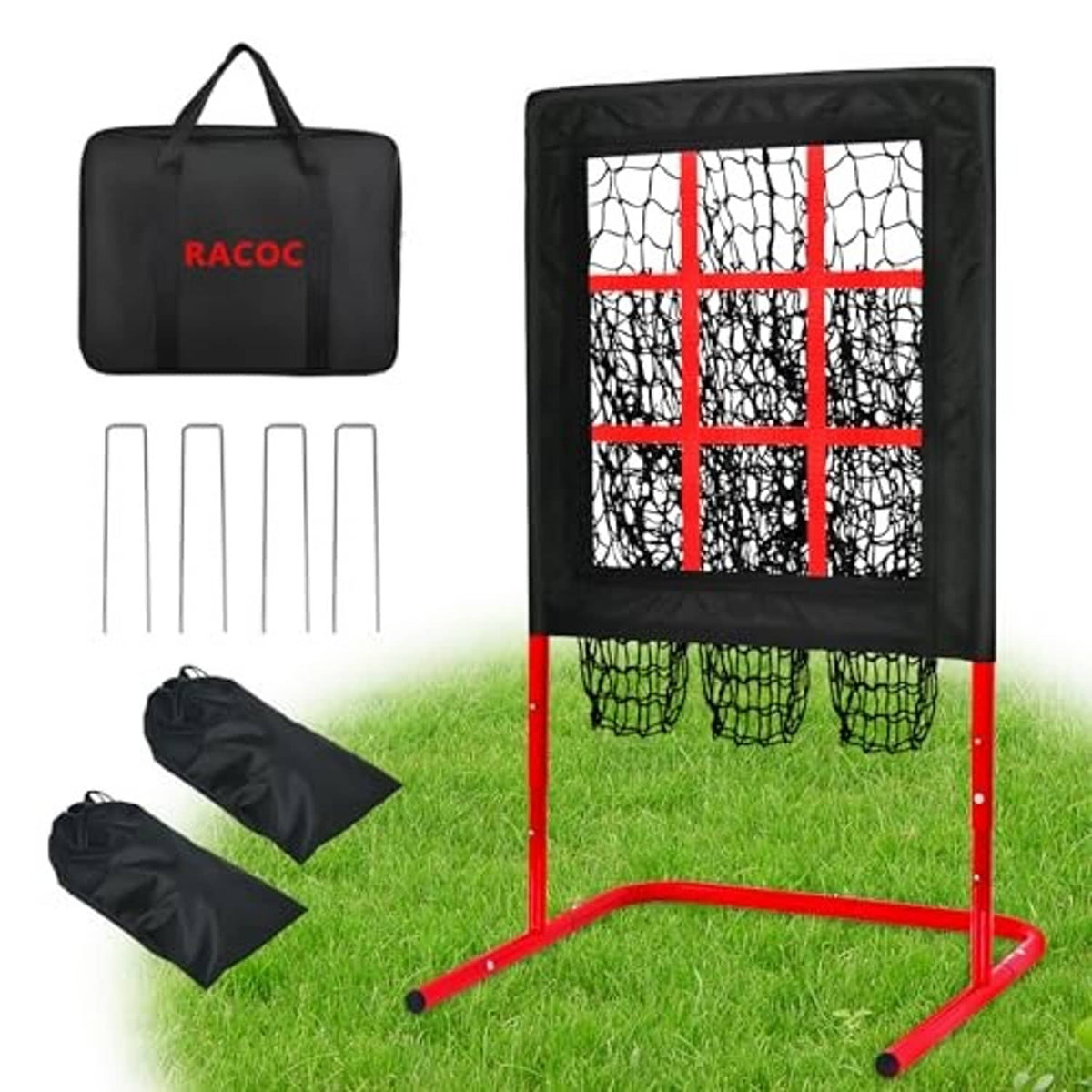 Black pitching net with red strike grid and nine hanging pockets, shown with stakes and carry bag