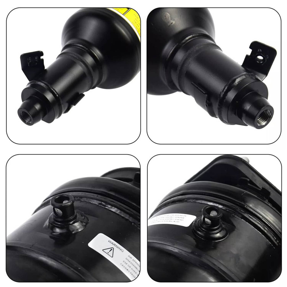 Close-up details of black air suspension shock strut ports and top mount components