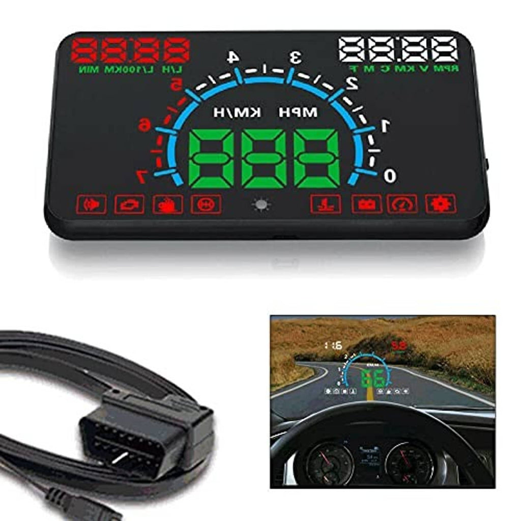 Car HUD speed display with OBDII cable and green readout over dashboard