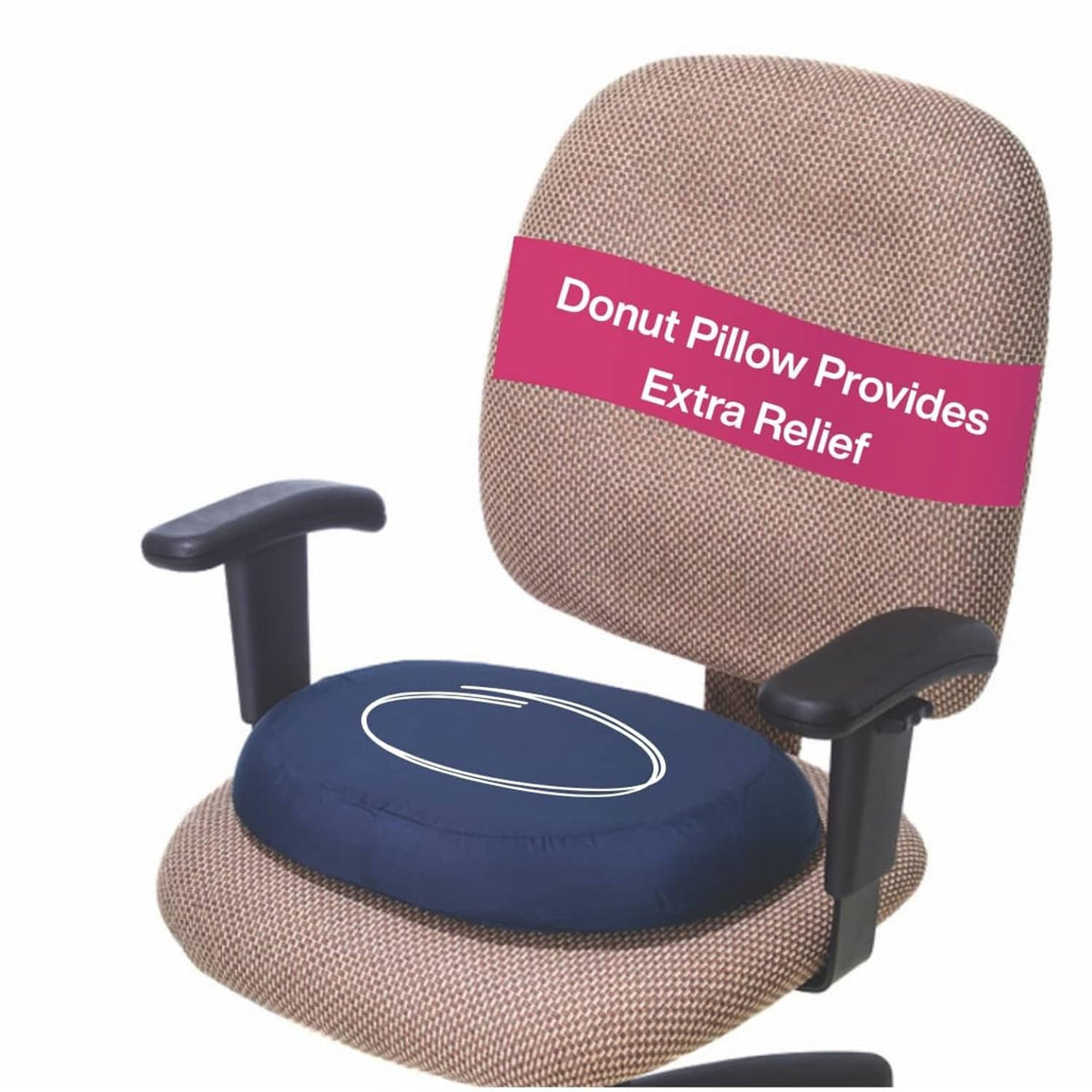 Navy molded donut cushion on upholstered chair seat and back