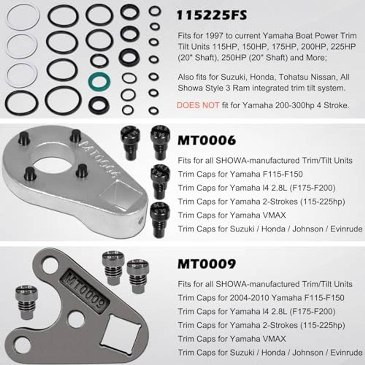 Outboard trim tilt pin wrench set with engraved wrench heads and black threaded pins