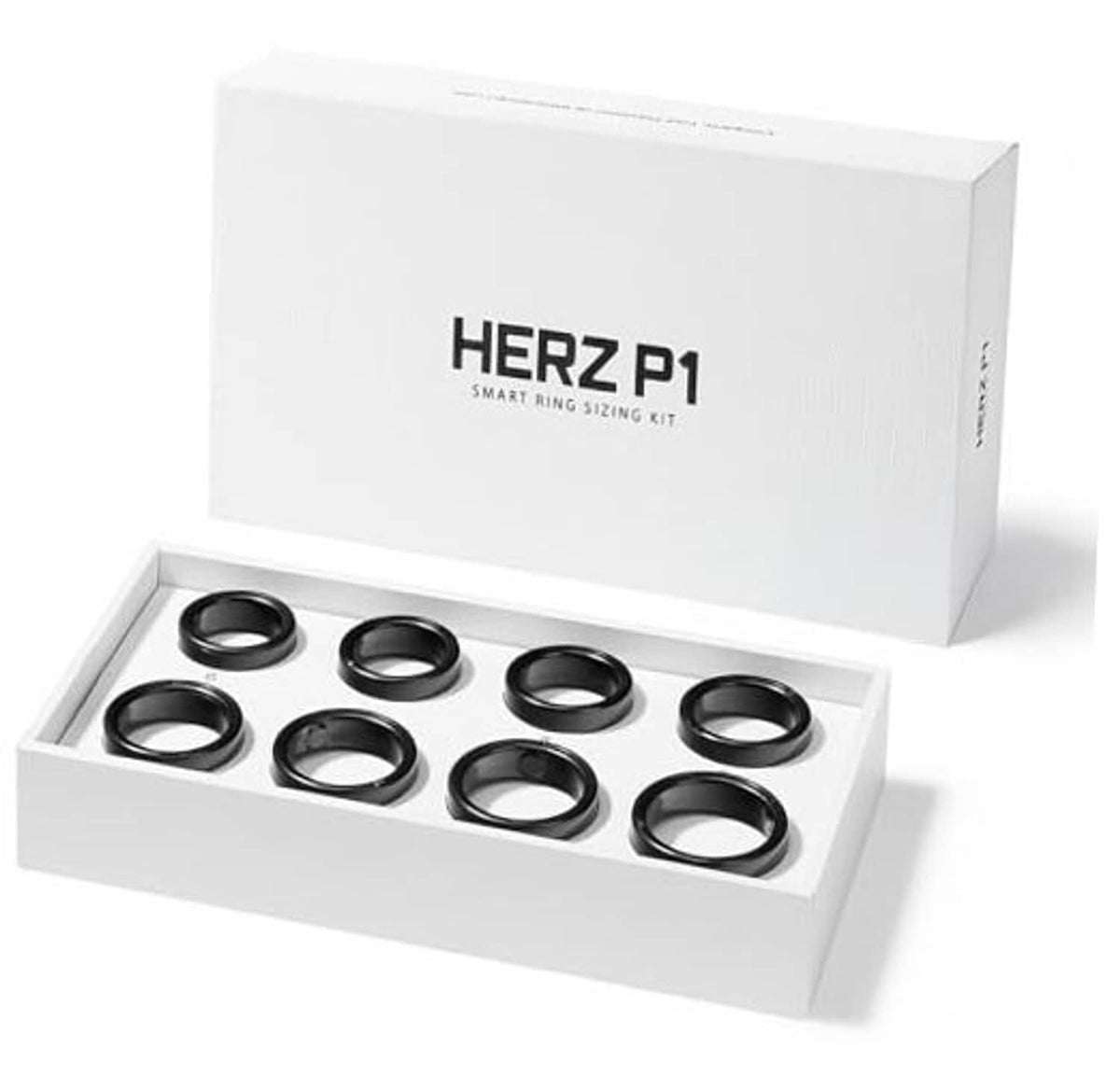 Smart ring sizing kit with eight black rings in a white tray and box