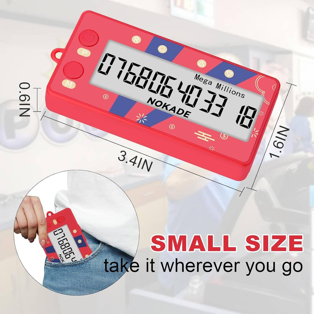 Red compact lottery number picker with screen and size label, showing generated numbers