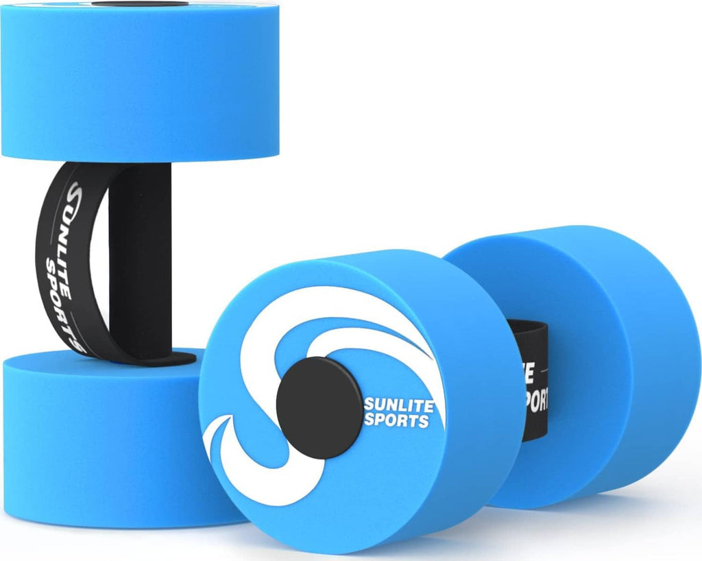 Blue EVA pool exercise dumbbells with Sunlite Sports label on dark weight end discs