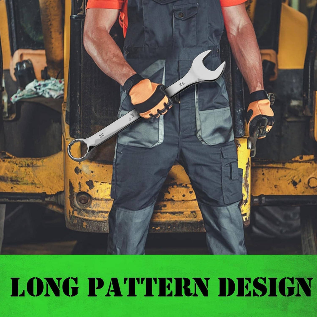 Mechanic holding chrome combination wrench on an industrial machine