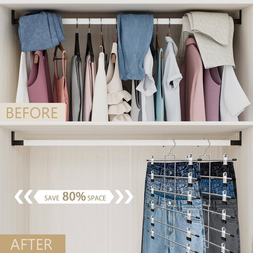 Closet hanging pants rack with multiple silver clip bars holding folded clothes